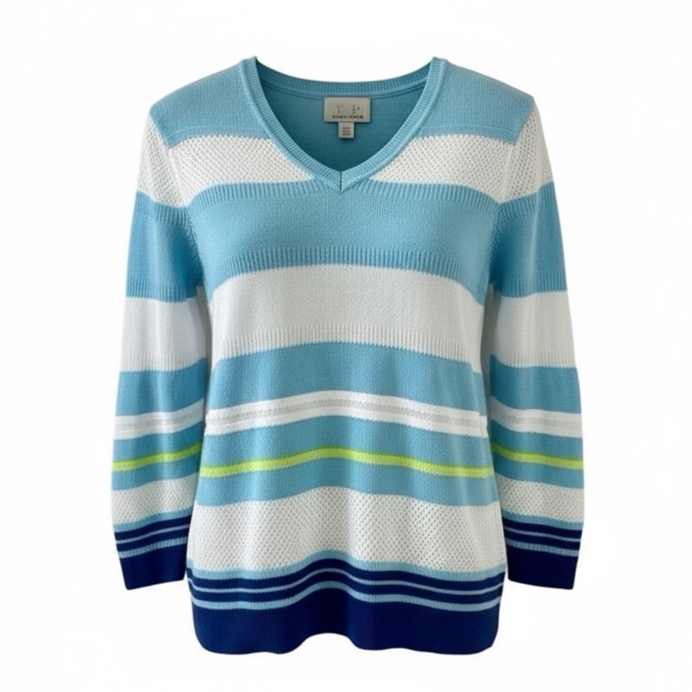 EP Pro Blue and White Stripe V-Neck 3/4 Sleeve Sweater Size Small